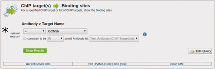 An example of the ‘Templates’ search tool. Here, we demonstrate the usage of the ‘ChIP target(s) → Binding sites’ template to find all of the binding sites that are targeted by a specific antibody’s ChIP target. (*) Users have the option to choose the antibody’s target name, provide a list of ChIP targets, or turn the filter off altogether to broaden the search criteria.