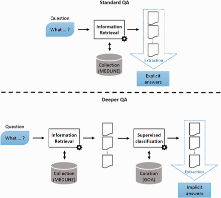 Deep QA. In standard QA, answers are extracted from some retrieved documents. In Deep QA, curated data are exploited to build a supervised classification model, which is then used to generate answers.