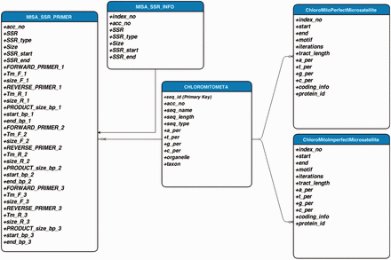 Entity-relationship model diagram showing the layout of the database schema in ChloroMitoSSRDB 2.00.