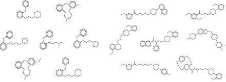 Representative clustered data sets of Dopamine D4 binders. On the left, all seven compounds from a single cluster set. On the right, 7 of 126 compounds clustered in another set. Although high similarity is evident in the cluster set on the left, it is apparent that several compounds are not as similar to each other in the cluster set on the right. In each case, a representative member of the cluster is selected at random for use in the reduced data set.