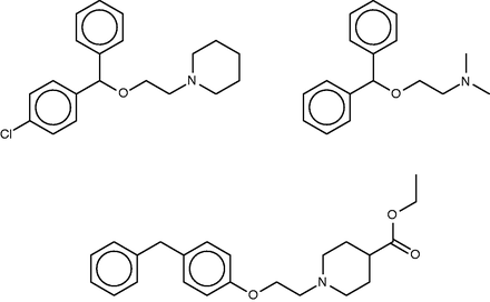 Cloperastine (top left), diphenhydramine (top right) and a known 1.8-µM inhibitor of leukotriene A4 hydrolase (bottom).