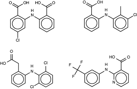 Lobenzarit (top left), tolfenamic acid (top right, a known inhibitor of phospholipase A2), diclofenac (bottom left) and niflumic acid (bottom right).
