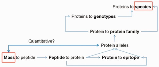 Relationships among peptide, protein and epitope data that can be obtained from the ProPepper database.