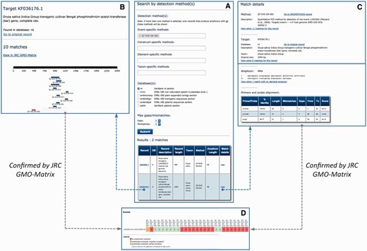 Retrieval of amplicons and target records related to GMO events. Integration of views showing the use of JRC GMO-Amplicons to retrieve GM rice event LLRICE62 targets and corresponding amplicons. Results are in agreement with those obtained by the JRC GMO-Matrix application. See text for details.