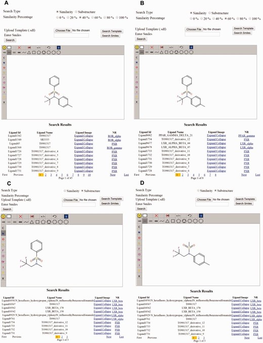  Examples of substructure and similarity-based structure search. ( a ) Similarity search for the same ligand at 40% and ( b ) 60% and the result. ( c ) Substructure search using one-half of the ligand T0901317 and the result. ( d ) Substructure search using the second half of the T0901317 and the result. 