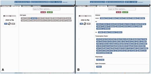 Regulatory Feature ‘Details by cell line’, cell type and experimental evidence selectors. (A) At the top of the ‘Details by cell line view’ (Figure 5) a button labelled ‘Select cells’ displays this modal window, which allows the user to quickly toggle cell types on or off. (B) Similarly, the ‘Select evidence’ button displays this modal window, which allows the user to quickly toggle experimental tracks on or off.