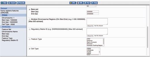 Constructing a BioMart query. This figure exemplifies the construction of a BioMart query to obtain all regulatory features for K562, within the region 1:1000 000–10 000 000 and display a varied number of properties for those regulatory regions, including their stable ids.