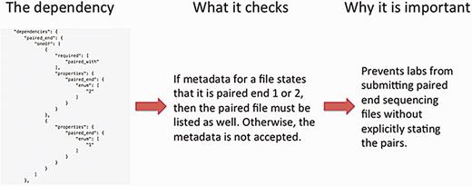 Metadata validation in the schema. The schema allows dependencies which allow conditions to be defined on which set of data should be submitted. In this example, the dependency states that the paired files from paired-end sequencing runs need to be explicitly defined. This prevents paired-end files from being separated from each other as the data are submitted.