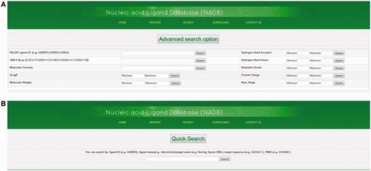 Advance search and quick search option. Screenshots showing (A) advance search function and (B) quick search function.