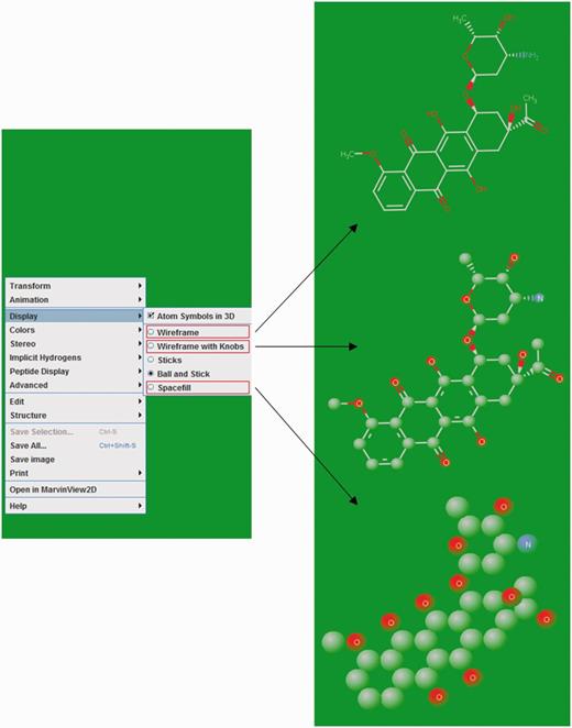 Ligand structure visualization. Screenshots of example showing various 3D structure representations.