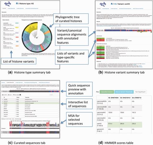 A summary of HistoneDB 2.0 web site. (a) information page for a given histone type, (b) a summary page for a typical histone variant, (c) ‘Curated sequences’ tab of the histone variant page, (d) a table view of HMMER scores used to classify the selected sequences from the automatically extracted set (access via ‘Advanced’ menu, ‘Score against all HMMs’ button).