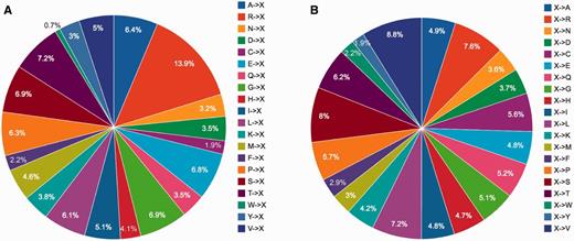 Statistical analysis of single point mutations in KinetochoreDB according to two mutation patterns (A) (A…V)->X and (B) X-> (A…V), where X denote any type of amino acid).