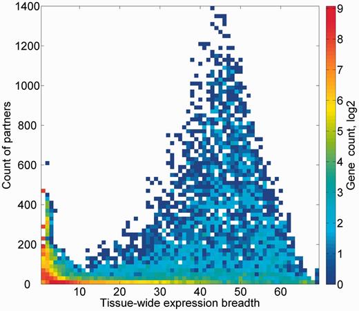 Genes partner count and expression breadth. A heat map showing counts of genes according to bins of partner counts and expression breadth.