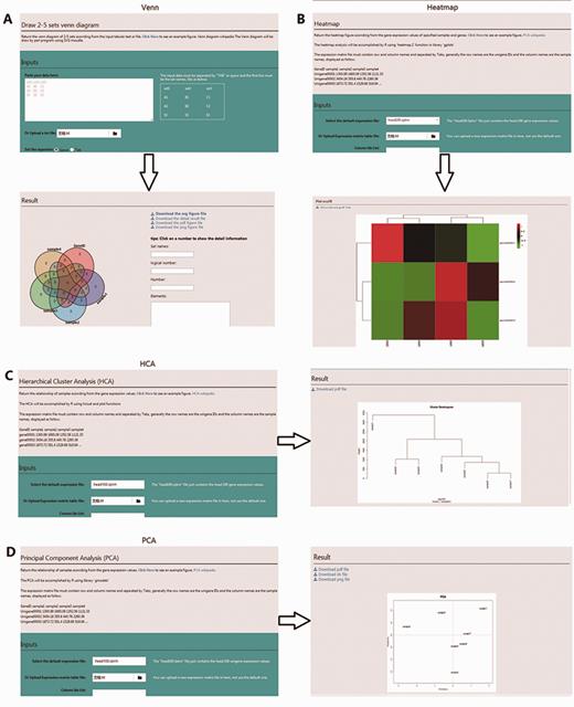 Screenshot of the four user-friendly graphic tools available in the RSIADB database. (A–D) show examples of the input and output interfaces for each of the four graphic tools: Venn diagram, HeatMaps, HCA plots and PCA plots, respectively.