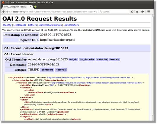 DataCite OAI-interface. This snapshot illustrates the result of an OAI request to DataCite.
