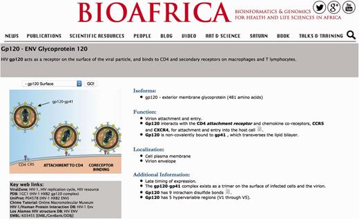 The general overview section of the BioAfrica HIV-1 Proteome Resource, as shown by the gp120 protein.