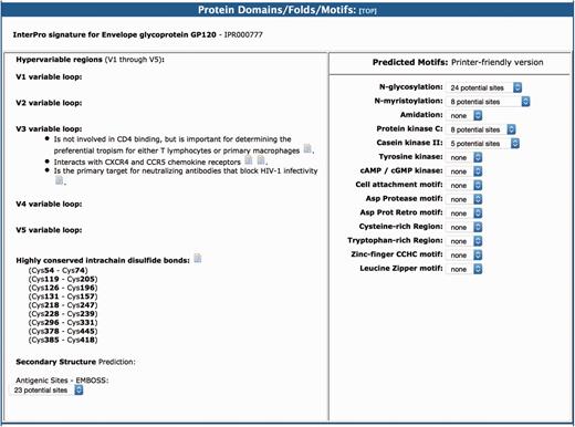 The protein domains/folds/motifs section of the BioAfrica HIV-1 Proteome Resource, exemplified by the gp120.