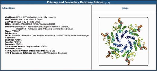 The primary and secondary database entries section of the BioAfrica HIV-1 Proteome Resource, seen on the Gag capsid protein.