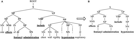 SPF based on SDPT. ( A ) The fragment of phrase tree for Sentence 1. ( B ) SPF based on SDPT.