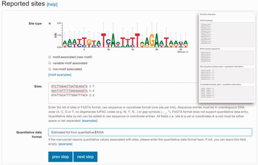 Site reporting step in the updated CollecTF curation pipeline. Submitters must indicate whether the site maps to a previously known motif, corresponds to a new gapless (motif associated) or gapped motif (variable-motif associated), or have no known binding pattern (non-motif associated). Sites can be reported as coordinates or sequences, which will be mapped to the reference genome, and they can have associated experimental quantitative values (inset).