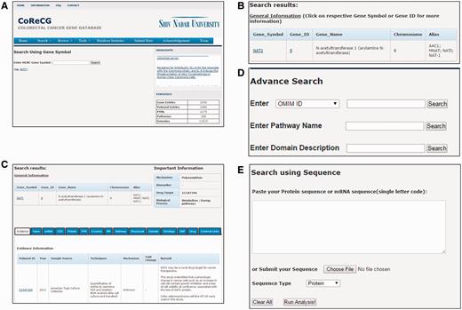 Web interface of CoReCG. ( A ) Search CoReCG using a keyword (Gene Symbol). ( B ) Query result obtained after keyword search. ( C ) Detailed information obtained after selecting a gene id. ( D ) Advance Search page of CoReCG. ( E ) Search CoReCG using a sequence.