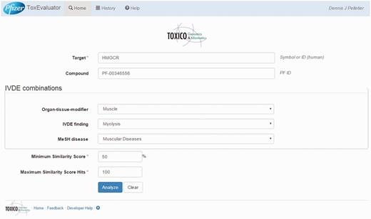ToxEvaluator input: cerivastatin-myolysis example. A view of the ToxEvaluator input page showing entries specific to the cerivastatin-myolysis example.