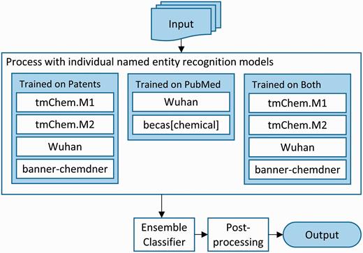 Architecture of the ensemble chemical named entity recognition system for the CEMP task.