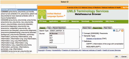 The Manual Annotation Editor’s interactive normalisation interface. On the left-hand side is a ranked list of best matching candidates for a given mention. The right-hand side panel allows users to search the external database themselves, to assist them in selecting an identifier that will be assigned to a mention.