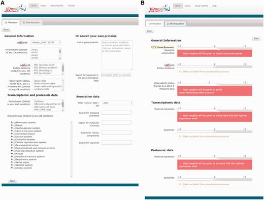 PepPSy layouts. (A) The ‘Filtration’ and (B) the ‘Prioritization’ tab contain menus to filter proteins and sliders to increase (red, from +1 to +10) or decrease (blue, from -10 to -1) contribution of each prioritization module to the final ranking.