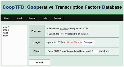 The first search mode. Users can input a list of TFs of interest and specify the lowest number of algorithms that should predict a PCTFP.