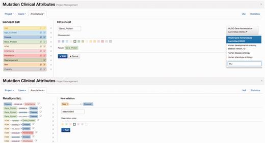 Egas administration panel illustrating the definition of concept type ‘Gene_Protein’ linked to HGNC for normalization, and of the ‘associated’ relation between ‘SNV’ and ‘Disease’ concepts.