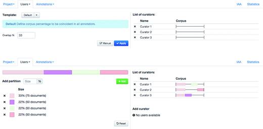 Administration interface showing the definition and assignment of corpus partition to curators.