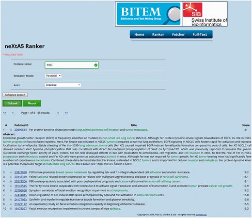 The neXtA 5 web interface. The query was {FER—vectorial—Diseases}, with 1990 as the lower limit (the date can be modified in advanced mode) for the publication dates. The output presents the first fifty results ranked over the chosen axis, with the score of the linear combination and the concepts identified in the PMID.