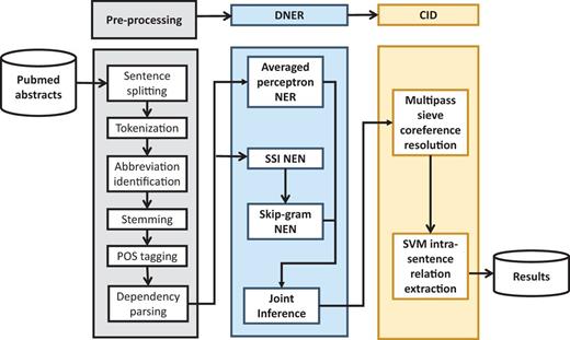 Architecture of the proposed CDR extraction system, which includes the pipeline of processing modules and material resources; boxes with dotted lines indicate sub-modules.