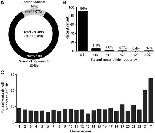 Overall overview of characteristic features of TMC-SNP database. (A) Circle plot of coding and non-coding variants obtained in the dataset. (B) Percent minor allele frequency distribution of variants in ‘TMC-SNPdb’ across 62 normal samples. Percentage frequencies are presented on the top of each bar. (C) Genome-wide distribution of percent frequency of variants obtained in each chromosome as compared with dbSNP database.