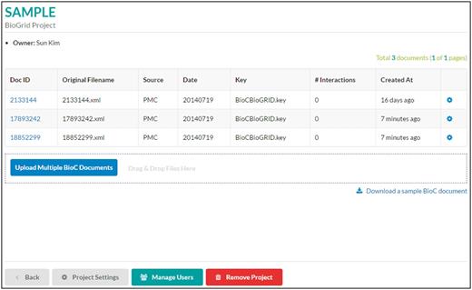 List of documents . A project is a collection of BioC documents. In this page, a user can upload, download or delete BioC documents. Sharing with other users or removing a project can be done using buttons at the bottom of the page.
