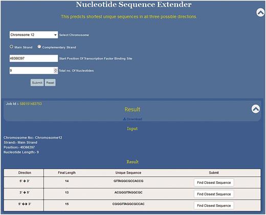 Functioning and output of nucleotide sequence extender. Nucleotide sequence extender program of USP requires information about chromosome no., starting position of the TF site. Output gives the unique sequence its length in all three directions so that the user can choose the best result. Result can be downloaded. Clicking radio button find closest sequence autofills the query fields in Closest Sequence Finder program.