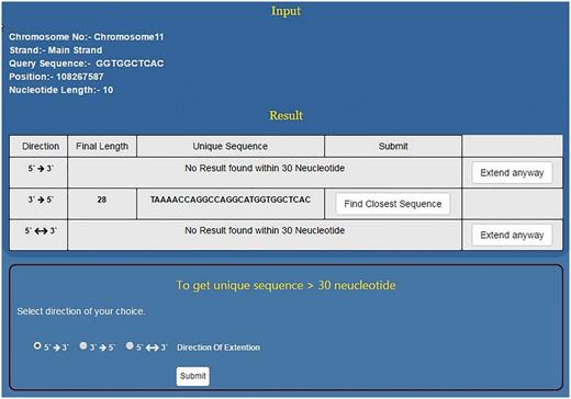 Using NSE for finding longer unique motifs. For a given short sequence, if NSE first module does not predict unique sequence up to 30 nt then the user has the option to go for second module which can predict unique sequence even few hundred nucleotides long. However, for the second module, user needs to select direction of sequence growth.