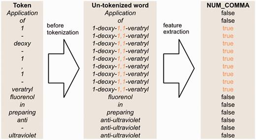 An example of un-tokenized word orthographical features for the sentence ‘Application of 1-deoxy-1,1-veratryl fluorenol in preparing anti-ultraviolet’.