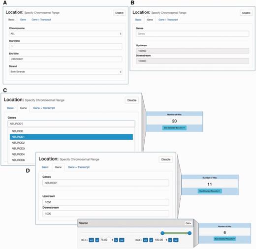 Location- and expression-based promoter search.
(A) Interface for selecting CAGE-defined promoters localized
in a given genomic region. (B) Interface for
selecting promoters localized around a given gene. This
interface allows for the selection of the set of CAGE-defined
promoters that localize within a certain window around an annotated
gene TSS. (C) Example of gene-based selection of
promoters. Left panel: Using the
gene-based search interface in panel B, the NEUROD1 gene was selected: the dropdown menu suggests official gene names
matching user input. As a default, all CAGE promoters 100 kbp around
the UCSC-gene annotated TSS for NEUROD1 are
selected, which results in 20 promoters (right panel) (D) Example of combined gene and tissue/cell
constraint-based selection. The upper left panel
exemplifies a more focused selection of CAGE promoters by
constraining the genomic region analysed to ± 1000 bp of the
annotated NEUROD1 TSS. This results in the
selection of 11 promoters (right upper panel). On top of this, we
add an additional expression constraint using a slider, where at
least 75% of expression must come from neuron samples (lower left
panel). This results in a subset of 6 promoters (lower right panel),
compared to the 11 selected above.