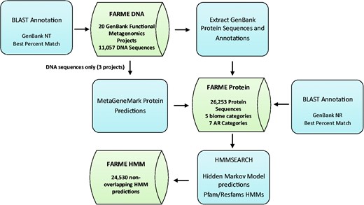 FARME database workflow showing analysis software components in blue and main database tables in green.