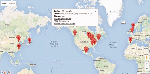 Screen shot of the FARME website project drill down feature showing geographical location of projects, if available, or project experiment sites with links to protein and DNA sequences and HMMs.