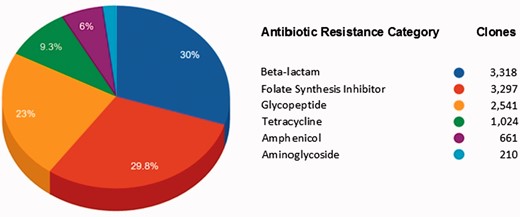 Main antibiotic categories used to select clones containing FARME DNA sequences for 20 individual projects.