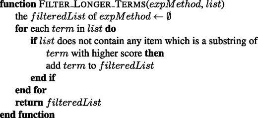 The algorithm for filtering the longer terms with lower scores from the given list of an experimental method.