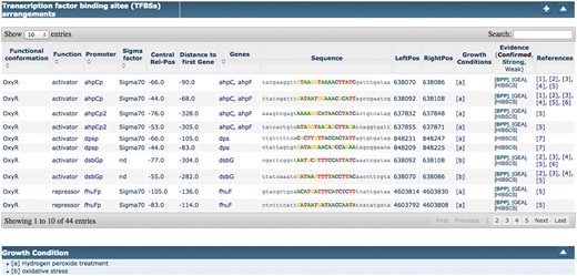 Example of novel growth conditions added to RegulonDB.
