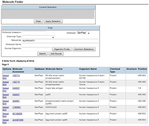 Curation molecule finder. Curators enter the epitope’s peptide sequence and click ‘Search’ to be shown only those proteins having 100% BLAST match to the epitope. This ensures accrate protein selection with minimal curation effort.