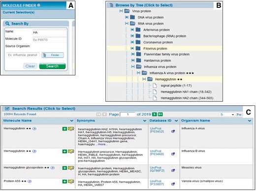 User molecule finder. Users enter the protein name and click ‘Search’ (A) or can browse the protein tree (B). The Search Results table in C shows all possible matches for what the user types.