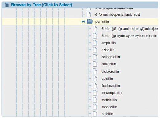 ChEBI molecule finder. Users can search on all penicillin drugs by selecting the higher node in the embedded chEBI hierarchy.