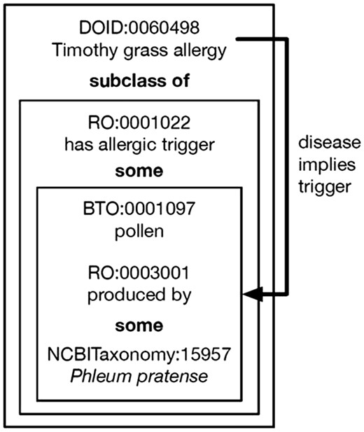 Logical definition of disease. Timothy grass allergy is defined as having pollen produced by P. pratense (Timothy grass) as its allergic trigger. This allows for inference of the trigger when curators select Timothy grass allergy and can also be used to generate a validation error if curators attempt to select a different allergic trigger for this disease.