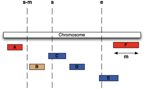 Efficient Searching of genomic features To find all features between coordinates s and e (i.e. C, D and E) in the situation were the maximum length of a feature for this coordinate system is m (i.e. the length of feature F), we extract all features whose start lies between s – m and e, then exclude B, since it ends before s.